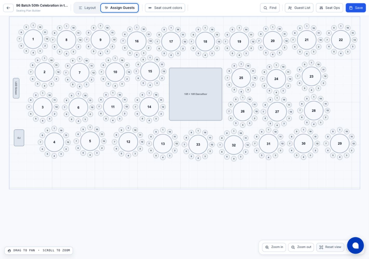 ShareLynk visual seating builder with Assign Guests mode selected