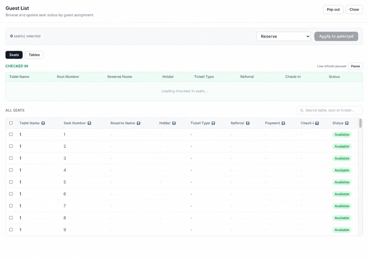 ShareLynk Guest List showing seat status, tables, and allocation columns