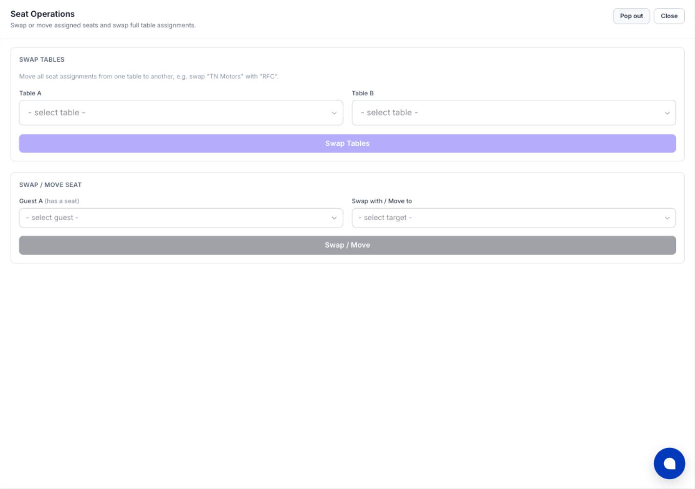 ShareLynk Seat Operations panel with Swap Tables and Swap or Move Seat controls