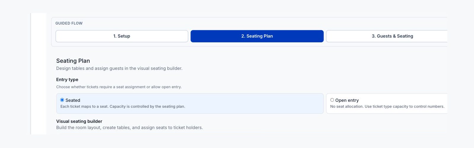 ShareLynk guided event workflow with Seating Plan selected